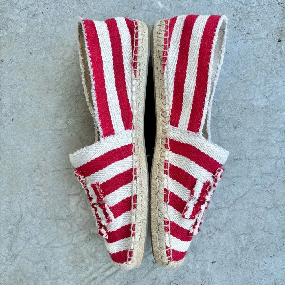 Tory Burch Espadrilles Flats Shoes Fray Stripe Red White NWOB 11
